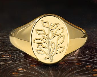 Olive Branch Signet Ring, Botanical Engraved Ring, Vintage Leaf Ring, Nature Inspired Unisex Gift