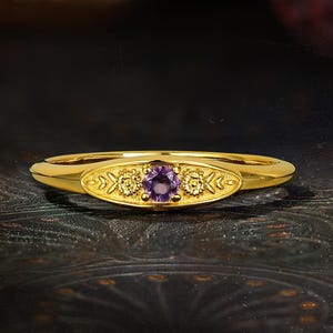Vintage Amethyst Signet Ring, Floral Engraved Stacking Ring, Dainty Marquise Flower Jewelry, February Birthstone Pinky Ring, Gift For Her