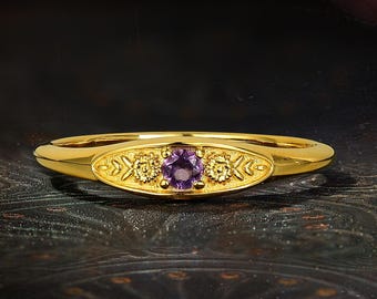 Dainty Amethyst Floral Signet Band, Vintage Marquise Flower Yellow Gold Band, Engraved Purple Gemstone Ring, Birthstone Jewelry Gift For Her