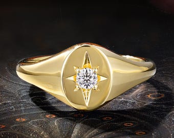 Vintage Celestial North Star Moissanite Signet Band, Oval Yellow Gold Star Stackable Anniversary Ring