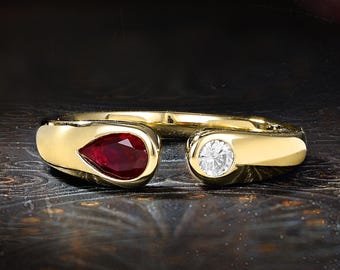 Two-Stone Open Band Ring, Pear Ruby Moissanite Bypass Ring, Statement Ring For Women