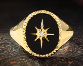 Black Onyx North Star Signet Ring, Gold Moissanite Starburst Ring, Vintage Celestial Gift Women