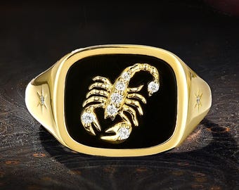 Gothic Scorpion Signet Ring, Black Onyx Yellow Gold Ring, Bold Moissanite Gift For Men
