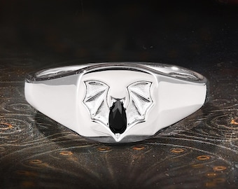 Gothic Pear Black Onyx Bat Signet Ring, Sterling Silver Statement Band, Edgy Halloween Jewelry