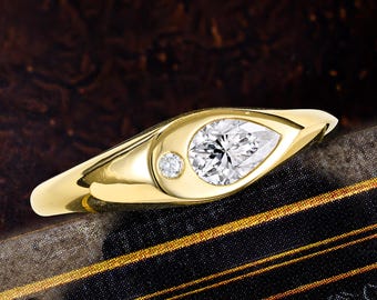 Evil Eye Signet Ring, Dainty Eye Motif Band, Moissanite Protective Ring, Minimalist Gold Jewelry, Talisman Gift for Her