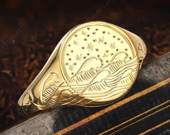 Celestial Ocean Signet Ring, Vintage Cosmic Wave Moon Star Ring, Unique Sea Lover Gift