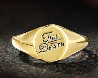 Vintage Till Death Engraved Signet Ring, Oval Letter Statement Ring, Unisex Couples Promise Band