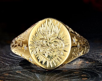 Sun Face Sacred Heart Signet Ring, Vintage Religious Talisman Engraved Band, Floral Star Celestial Unisex Band, Yellow Gold Anniversary Gift