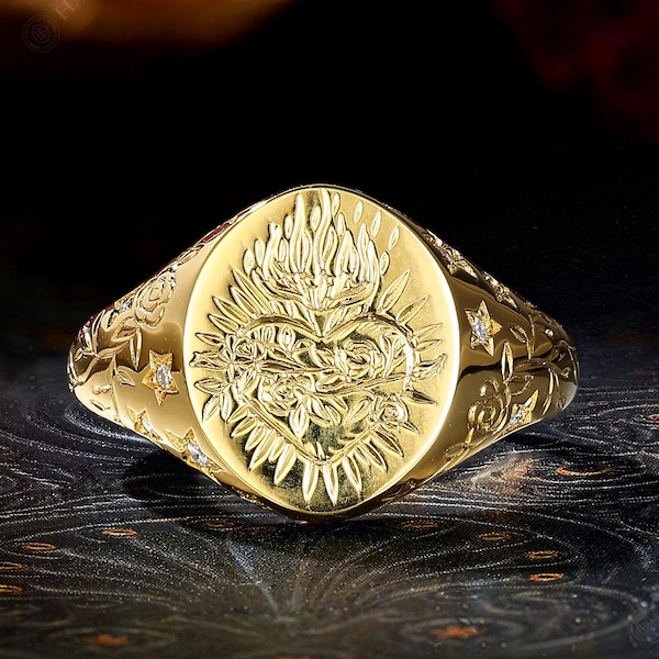 Sun Face Sacred Heart Signet Ring, Vintage Religious Talisman Engraved Band, Floral Star Celestial Unisex Band, Yellow Gold Anniversary Gift