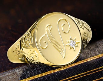 Custom A-Z Initial Signet Ring, Personalized Initial Ring, Script Letter V Monogram Ring, Moissanite Oval Ring, Rose Engraved Gift for Her