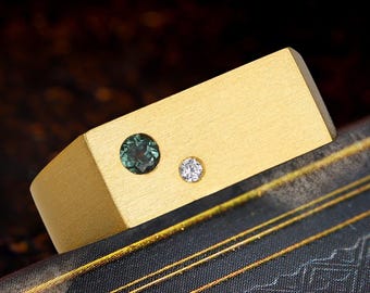 Brushed Two‑Stone Square Signet Ring, Green Sapphire and Moissanite Men's Statement Jewelry, Birthday Gift for Husband, Father's Day Gift
