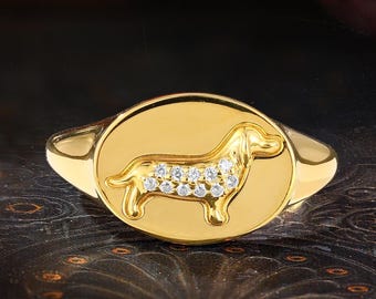 Dog Signet Ring, Dachshund Pet Statement Ring, Memorial Gift for Dog Lovers, Animal Pinky Ring, Birthday Gift for Children, Oval shape Ring