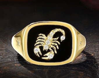 Gothic Scorpion Signet Ring, Black Onyx Yellow Gold Ring, Bold Moissanite Gift For Men