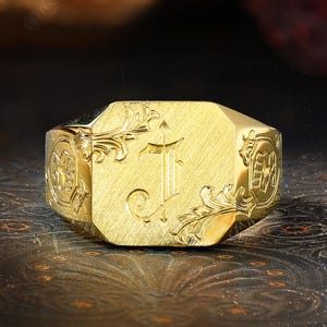 Vintage Initial J Signet Ring, Brushed Yellow Gold Floral Engraved Statement Ring, Personalized Monogram Band, Art Deco Letter Gift For Him