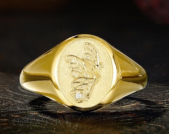 Juliette Butterfly Signet Ring, Romantic Engraved Oval Nature Band, New Beginning Gift For Her