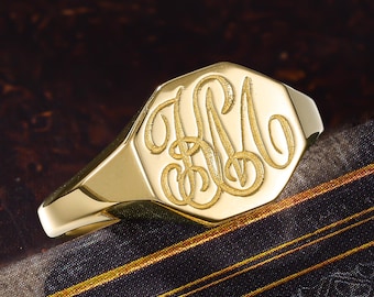 Custom KM Monogram Signet Ring, Interlocking Initial Band, Vintage Script Letter Personalized Gift Men