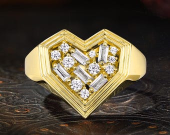Art Deco Moissanite Heart Signet Ring, Baguette & Round Gemstone Cluster Ring, Bezel Statement Band