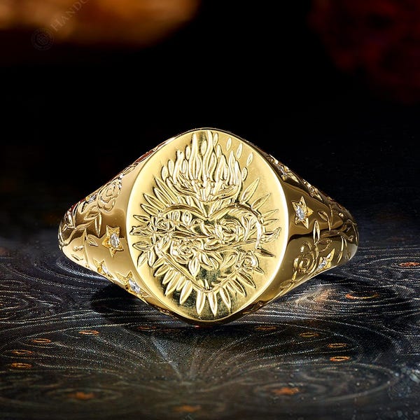 Sun Face Sacred Heart Signet Ring, Vintage Religious Talisman Engraved Band, Floral Star Celestial Unisex Band, Yellow Gold Anniversary Gift