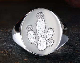 Southwest Cactus Signet Ring, Desert Botanical Oval Engraved Band, Nature Gift For Plant Lover