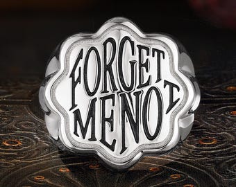 Forget Me Not Scalloped Signet Ring, Engraved Text Statement Ring, Sentimental Memorial Gift For Her