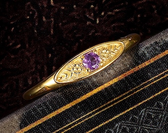 Dainty Amethyst Gold Pinky Ring, Vintage Floral Engraved Stacking Band, February Birthstone Signet Ring, Minimalist Birthday Gift for Women