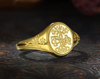 Forget Me Not Flower Signet Ring, Personalized Initial Statement Ring, Unique Victorian Memorial Anniversary Ring, Art Deco Engraved Ring