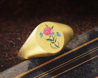 Rose Flower Signet Ring, Hand Painted Enamel Floral Ring, Vintage Brushed Finish Statement Ring, Unique Butterfly Moon Romantic Gift for Her