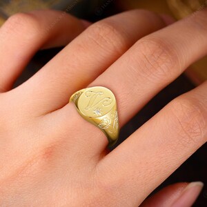 Custom A-Z Initial Signet Ring, Personalized Initial Ring, Script Letter V Monogram Ring, Moissanite Oval Ring, Rose Engraved Gift for Her image 4
