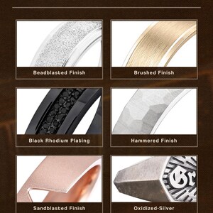 May include: Image showcasing various metal finish options for jewelry. Includes Beadblasted, Brushed, Black Rhodium Plating, Hammered, Sandblasted, and Oxidized-Silver finishes. The text "Custom Finish Look" and "HandcraftSignet" are also visible.