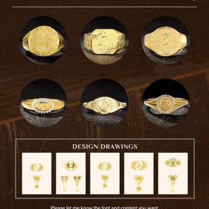 May include: Gold personalized rings with various designs are displayed. The rings feature engraved initials and decorative patterns. The text "Custom Your Personalized Ring" and "HandcraftSignet" are also visible.