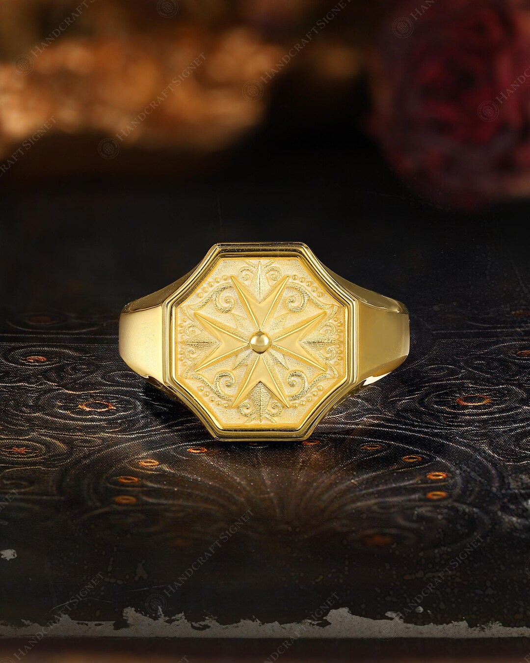 Vintage Octagon Signet Ring, Unique Crest Seal Ring, Engraved ...