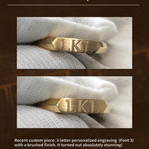 May include: A gold-colored ring with the engraved letters "LKL". The ring has a brushed finish and a geometric design. The image also includes the text "Custom Option" and "Handcraft Signet".