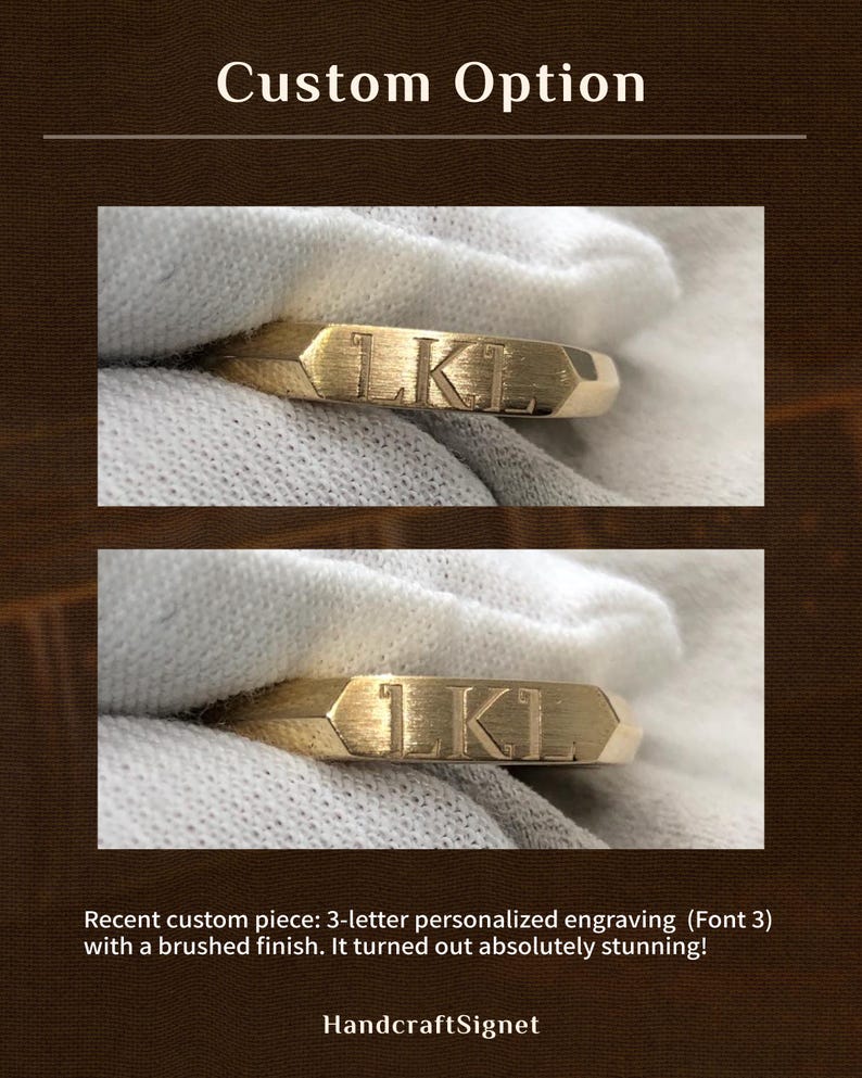 May include: A gold-colored ring with the engraved letters "LKL". The ring has a brushed finish and a geometric design. The image also includes the text "Custom Option" and "Handcraft Signet".