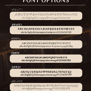 May include: Image showcasing font options for personalized engraving services. Six different font styles are displayed, each with uppercase and lowercase alphabets and numbers. The text is in white against a dark background.