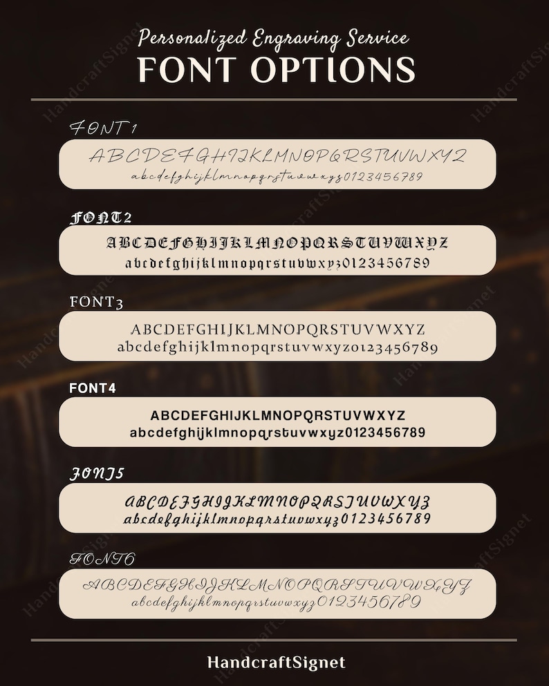 May include: Image showcasing font options for personalized engraving services. Six different font styles are displayed, each with uppercase and lowercase alphabets and numbers. The text is in white against a dark background.