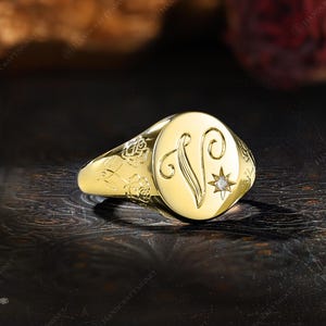 Custom A-Z Initial Signet Ring, Personalized Initial Ring, Script Letter V Monogram Ring, Moissanite Oval Ring, Rose Engraved Gift for Her image 6