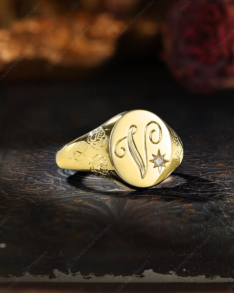 Custom A-Z Initial Signet Ring, Personalized Initial Ring, Script Letter V Monogram Ring, Moissanite Oval Ring, Rose Engraved Gift for Her image 6