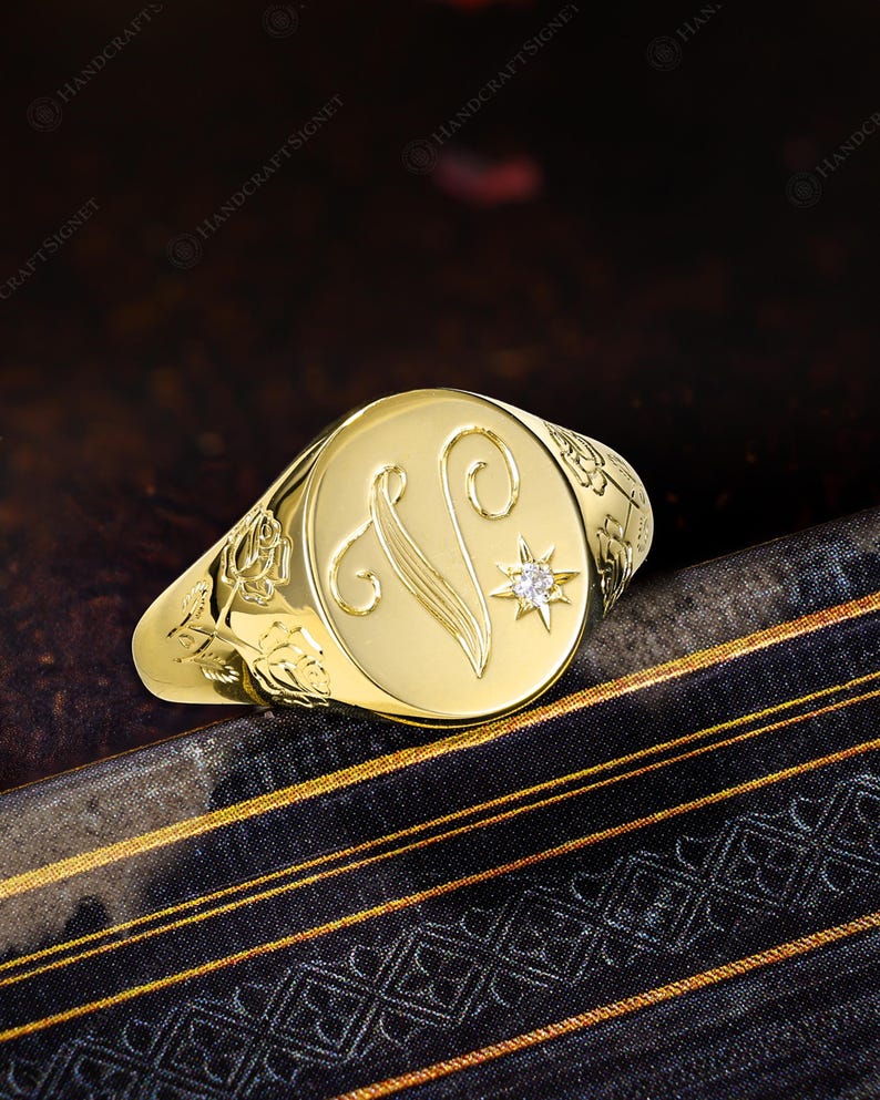 Custom A-Z Initial Signet Ring, Personalized Initial Ring, Script Letter V Monogram Ring, Moissanite Oval Ring, Rose Engraved Gift for Her image 1