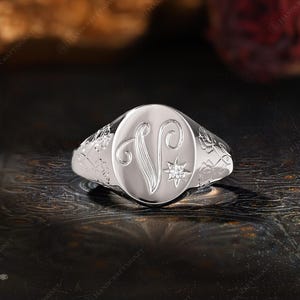 Custom A-Z Initial Signet Ring, Personalized Initial Ring, Script Letter V Monogram Ring, Moissanite Oval Ring, Rose Engraved Gift for Her image 9