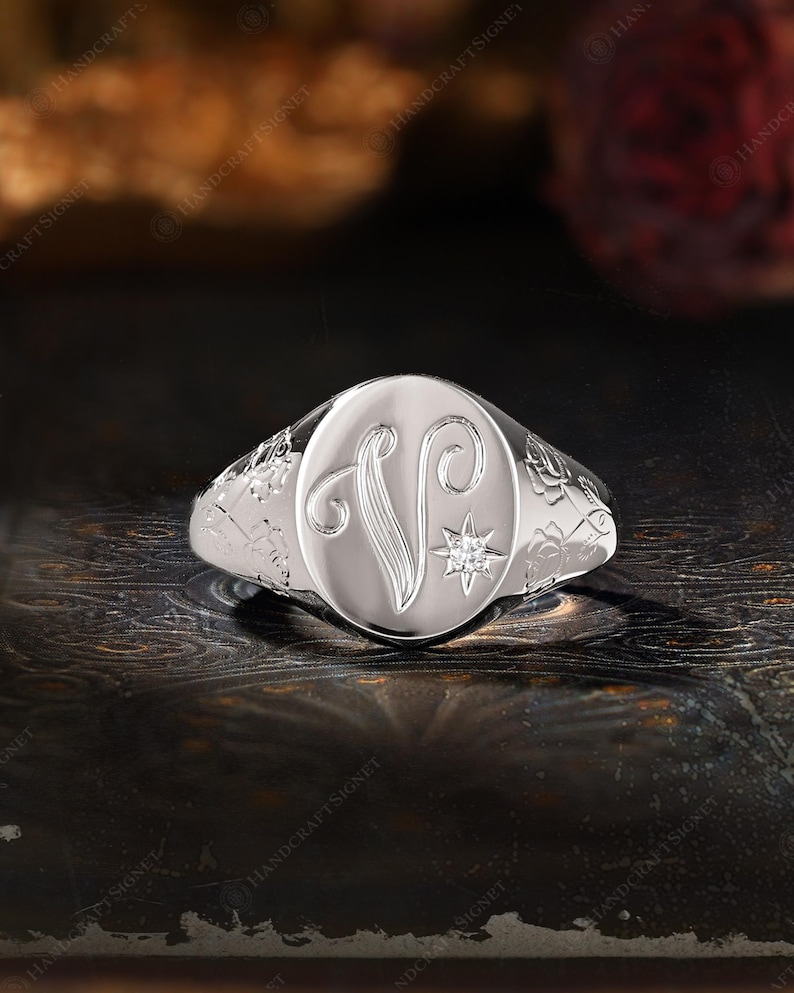 Custom A-Z Initial Signet Ring, Personalized Initial Ring, Script Letter V Monogram Ring, Moissanite Oval Ring, Rose Engraved Gift for Her image 9