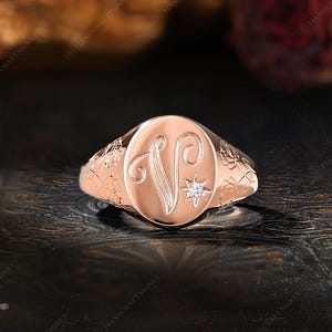 Custom A-Z Initial Signet Ring, Personalized Initial Ring, Script Letter V Monogram Ring, Moissanite Oval Ring, Rose Engraved Gift for Her image 8