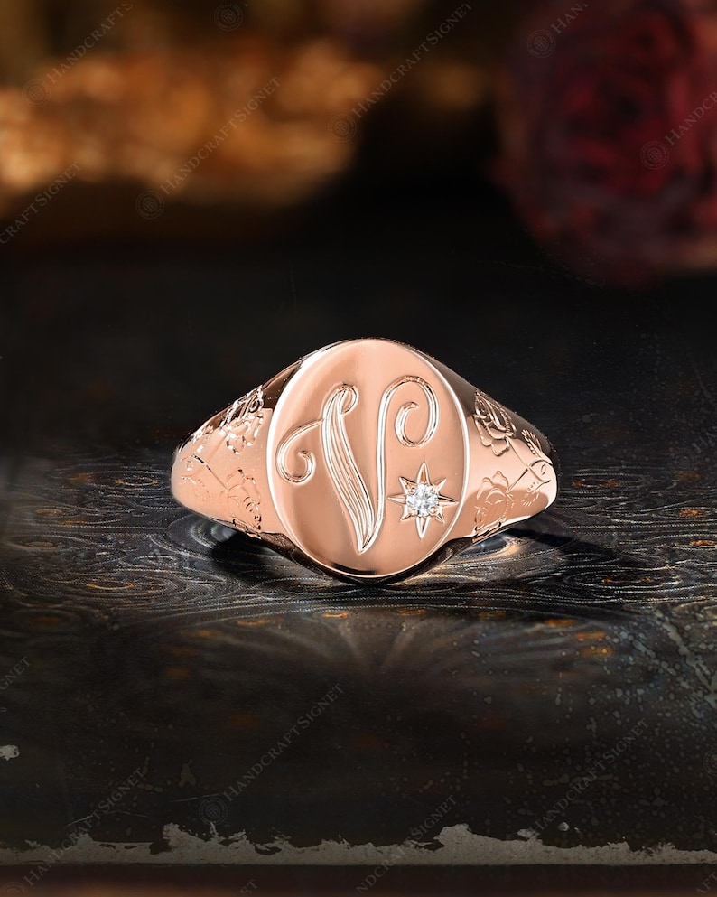 Custom A-Z Initial Signet Ring, Personalized Initial Ring, Script Letter V Monogram Ring, Moissanite Oval Ring, Rose Engraved Gift for Her image 8