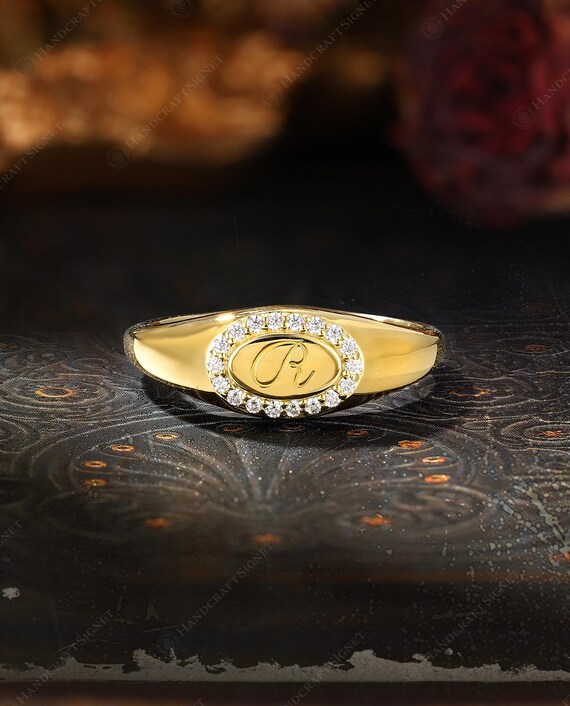 Custom Initial Signet Ring, Personalized Yellow Gold Monogram Ring, Engraved Letter & Halo Moissanite Ring