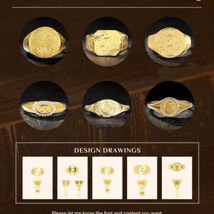 May include: Image showcasing various custom personalized gold rings. The rings feature different designs, including engraved initials and decorative patterns. The text "Custom Your Personalized Ring" and "HandcraftSignet" are also visible.