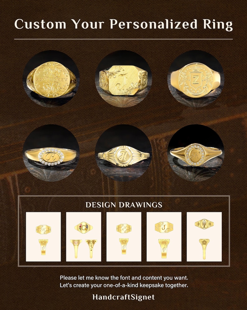May include: Image showcasing various custom personalized gold rings. The rings feature different designs, including engraved initials and decorative patterns. The text "Custom Your Personalized Ring" and "HandcraftSignet" are also visible.