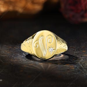 Custom A-Z Initial Signet Ring, Personalized Initial Ring, Script Letter V Monogram Ring, Moissanite Oval Ring, Rose Engraved Gift for Her image 2