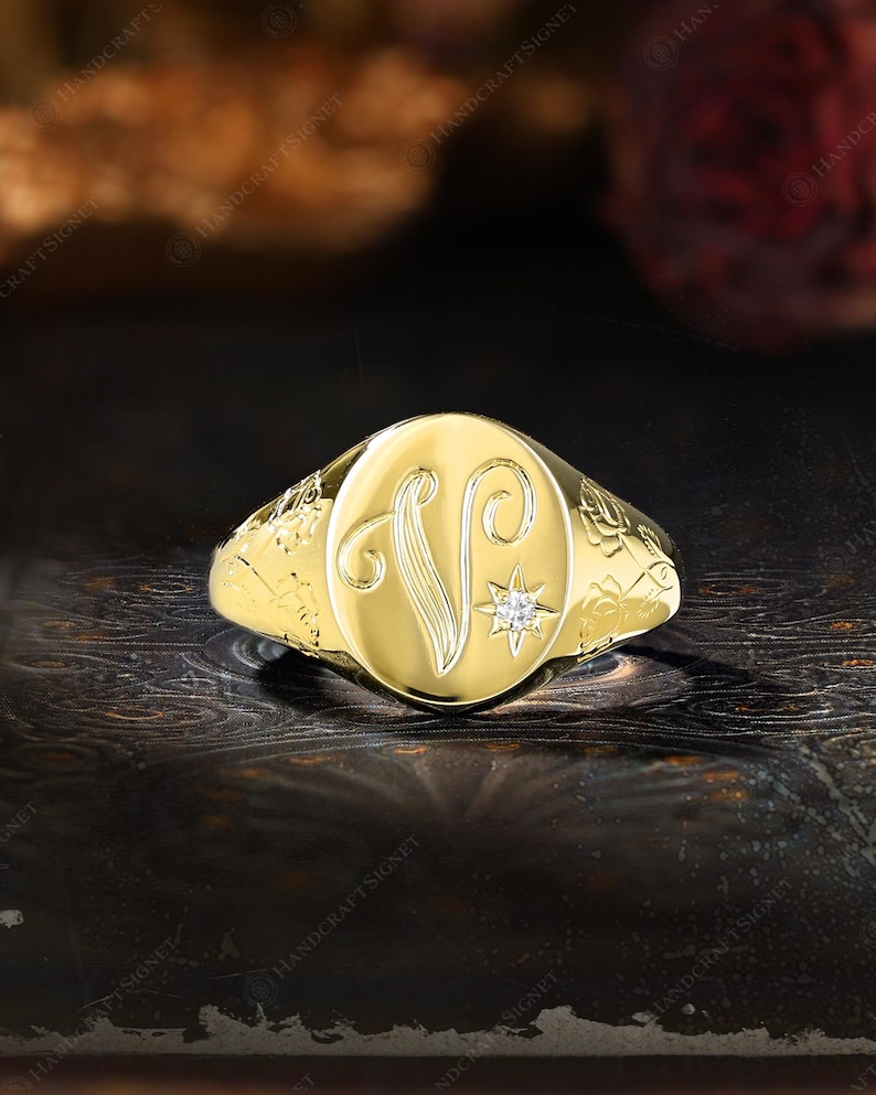 Custom A-Z Initial Signet Ring, Personalized Initial Ring, Script Letter V Monogram Ring, Moissanite Oval Ring, Rose Engraved Gift for Her image 2