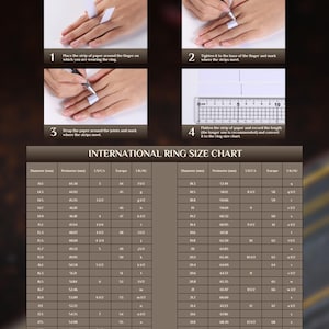 May include: Diagram illustrating how to measure a finger for ring sizing. Includes step-by-step instructions and an international ring size chart with diameter, perimeter, and US/CA, Europe, and UK/AU sizes.