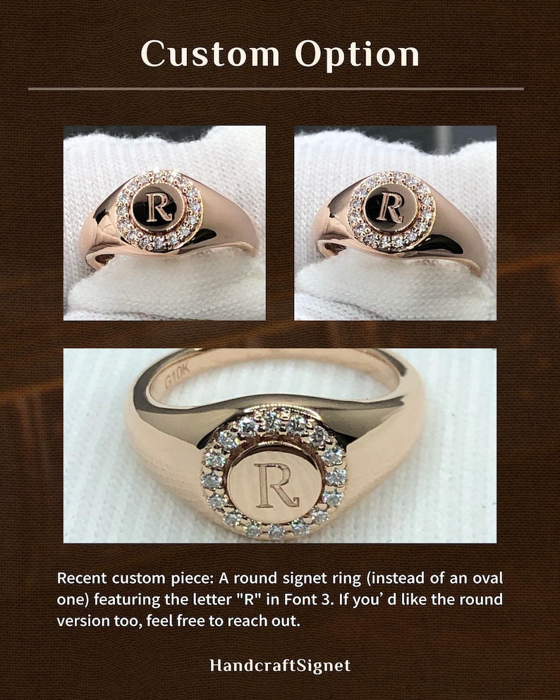 May include: Rose gold signet ring with a circular design featuring the letter "R" in Font 3, surrounded by small, sparkling stones. The ring is shown in multiple views, highlighting its custom design and craftsmanship.