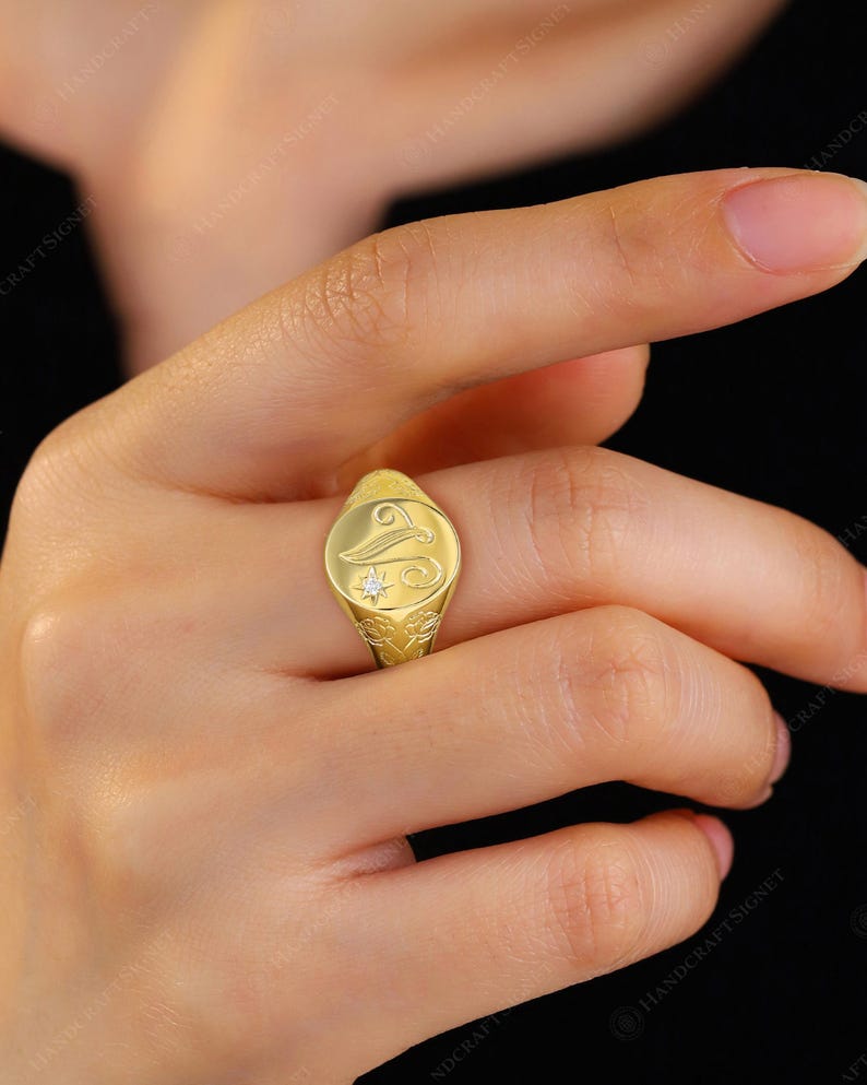 Custom A-Z Initial Signet Ring, Personalized Initial Ring, Script Letter V Monogram Ring, Moissanite Oval Ring, Rose Engraved Gift for Her image 3
